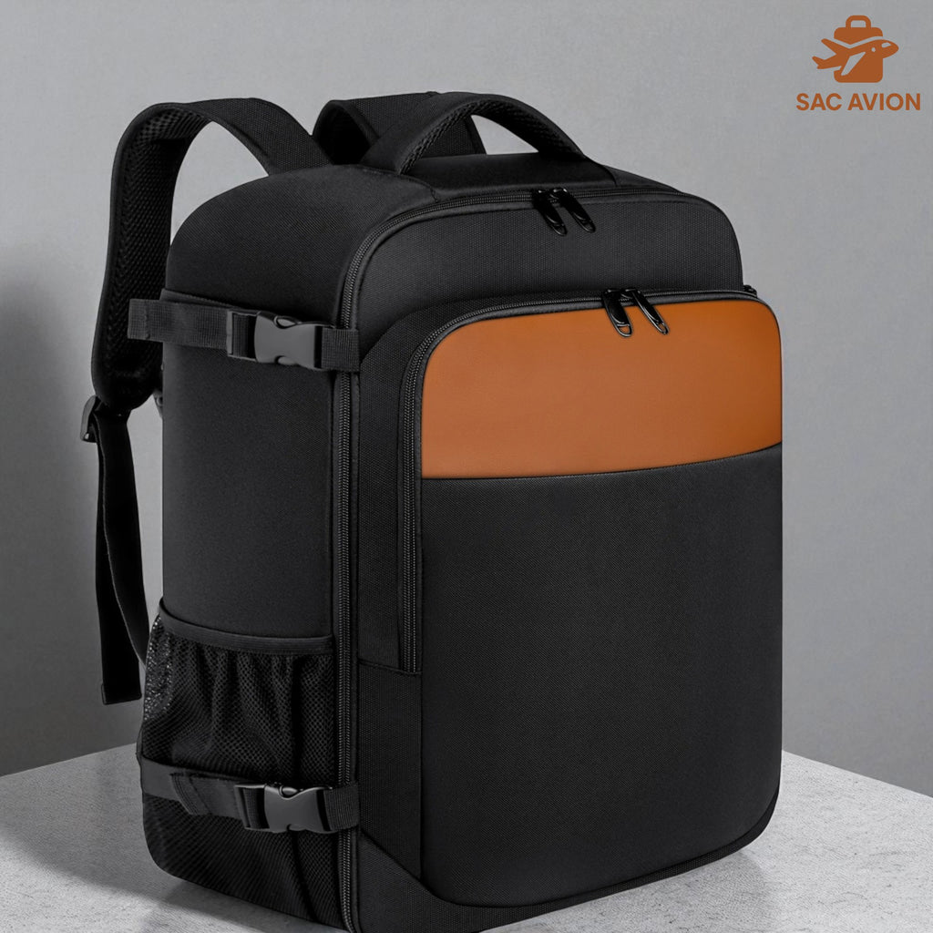 Valise Cabine Pour Voyage 40x28x17 Cm - Bleu Foncé / Marron - Format Bagage à Main Avion - Neuf